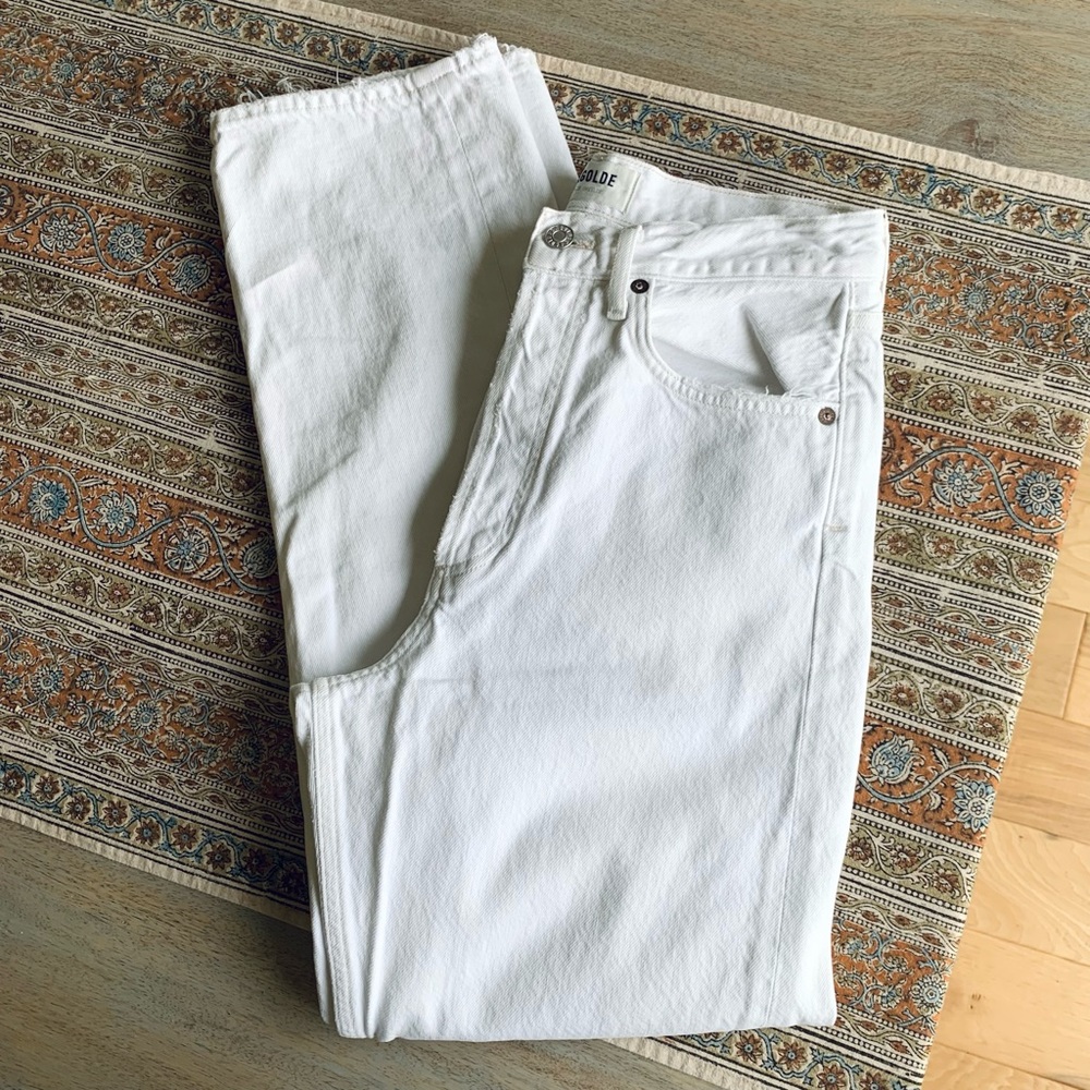 Agolde 90s Jean High Rise Straight Leg White Button Fly Distressed Denim Size 25